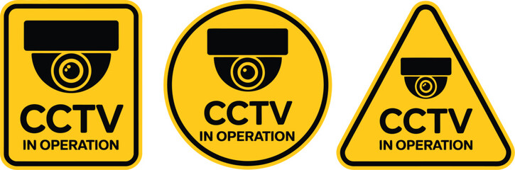 Warning yellow black shield sign set security cameras in use symbol icon fixed cctv camera logo