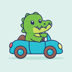 Cute Cartoon Alligator Driving a Blue Car, Fun Animal Character for Kids