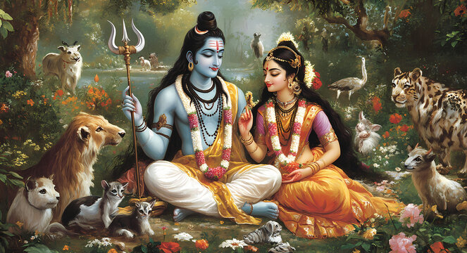 Lord Shiva and Goddess Parvati in a Peaceful Forest Setting Surrounded by Wild Animals and Nature