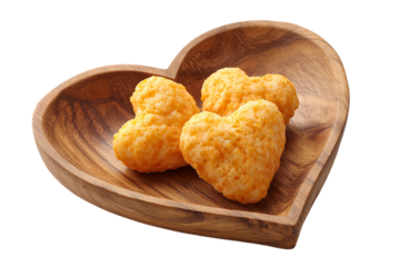 Heart shaped tater tots in a wooden heart bowl isolated on transparent background