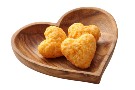 Heart shaped tater tots in a wooden heart bowl isolated on transparent background