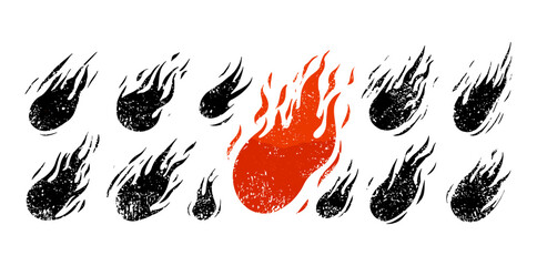 Flame brush grunge icon, crayon paint vector logo, hot spray doodle symbol, abstract heat shape, sketch tattoo background, street art outline, flame passion, punk rock stencil silhouette © Vintage Studio