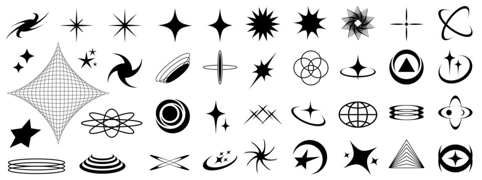 Set of Y2K bling retro futuristic elements, cosmic circles and swirls, abstract brutalism shapes, wireframe stars, grids and tech-inspired aesthetic elements - vector