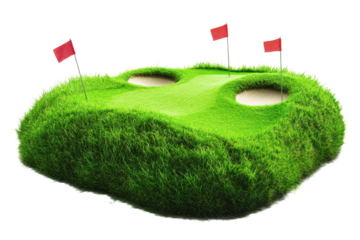 Isolated green golf course island with flags and sand traps on a black background