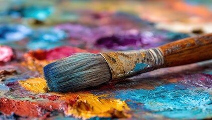 Fototapeta premium Close-up of artist's paintbrush on palette