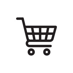 Black shopping cart icon with handle and wheels on white background illustration