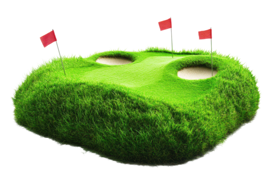 Isolated green golf course island with flags and sand traps on a black background