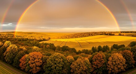 Obraz premium Double Rainbow Arcing Over Autumnal Fields and Forests