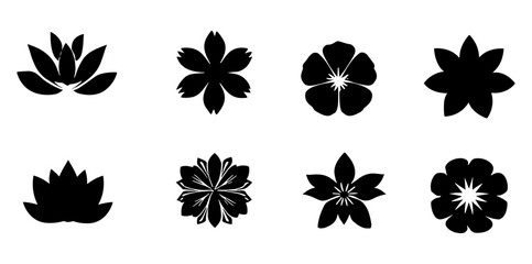 Symmetrical floral patterns, lotus petals, abstract flower silhouettes, floral icon set, nature-inspired blossom designs, elegant vector illustrations, decorative floral motifs