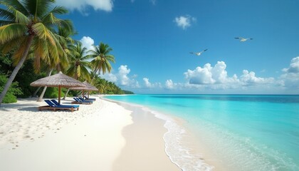 Summer on a tropical beach with coconut trees, straw umbrellas, clear blue sea, and flying birds. evoking a tranquil, exotic holiday mood, perfect for travel ads and escape-themed visuals.