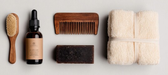Natural Beard Oil, Wooden Comb, Towel, and Soap on White Background