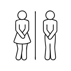 male and female restroom icon in line style. Funny toilet couple symbol, desperate pee Girls and boy wc icon, fun bathroom door signs, humor public washroom , vector illustration