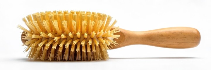 Close-up of boar bristle hairbrush, natural wood handle, sustainable materials, beauty