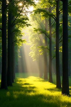 Enchanted Forest Path Bathed in Golden Morning Sunbeams