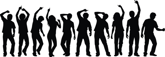 Energetic Silhouettes of Diverse Group Dancing, Celebrating Joy, Freedom, and Party Atmosphere, Ideal for Music, Event, and Youth Culture Themes