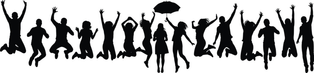  Energetic Silhouettes of Diverse Group Jumping for Joy, Expressing Excitement, Freedom, and Celebration of Happiness and Success