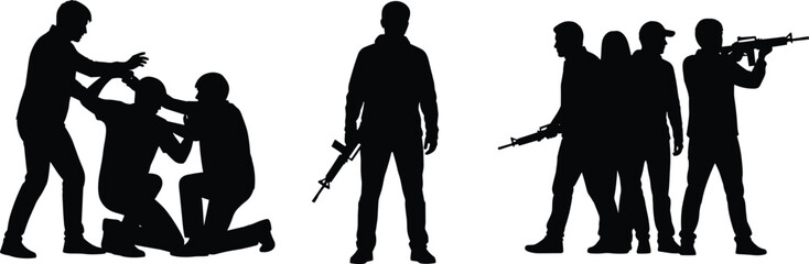 Intense Silhouettes Depicting Hostage Situations, Armed Conflicts, and Threat, Highlighting Danger, Crime, and Law Enforcement Scenarios