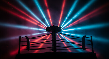 A dramatic view of a boxing ring silhouetted against vibrant red and blue radial light beams.