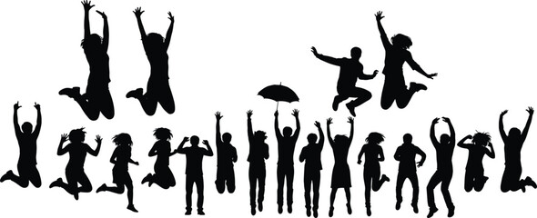  Large Group of Diverse People Silhouettes Jumping with Joy, Expressing Enthusiasm, Freedom, and Excitement for Celebration and Success