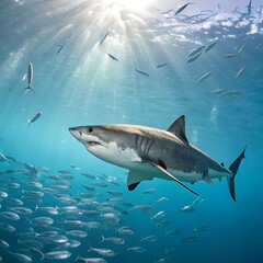 Fototapeta premium Great white shark swimming underwater with school of fish and sun rays