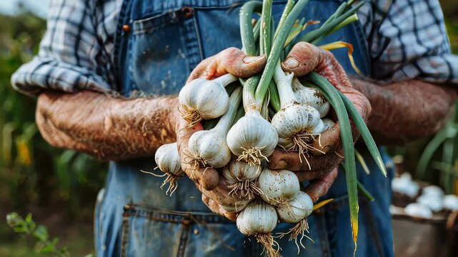 garlic in the hands of a man. selective focus