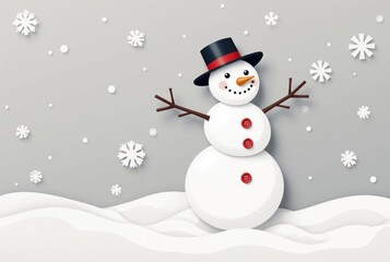 Stylized Snowman in Winter Scene with Falling Snowflakes