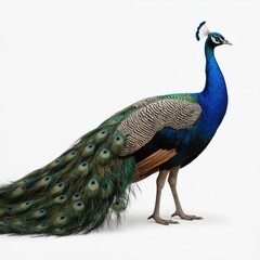 Fototapeta premium Vibrant peacock displays stunning iridescent blue neck, green plumage. Detailed feathers with characteristic eye spots showcase intricate patterns. Proud bird stands isolated on clean white