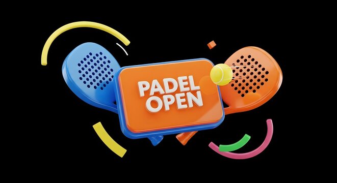 Dynamic Padel Open branding with racquets, ball and abstract shapes creates vibrant sports event excitement