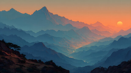 Obraz premium Sunrise over mountains, stylized illustration with soft gradients, HD realistic
