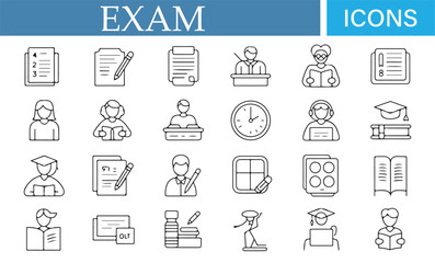 Student and Education Icons – Featuring Books, Exams, Clocks, and Graduation Symbols