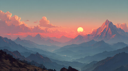 Sunrise over mountains, stylized illustration with soft gradients, HD realistic