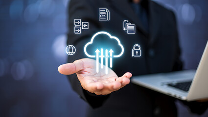 Person holding cloud technology icons and laptop cloud computing data transfer