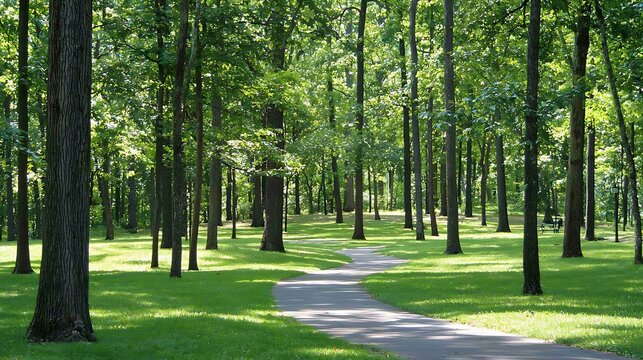 194. Urban park pathway lined with tall trees and dappled sunlight