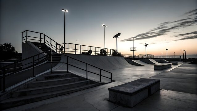 Urban Skateboarding Spot Featuring Rail and Ledge Silhouetted at Dawn