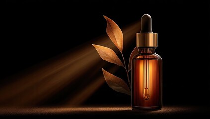 Naklejka premium Amber glass dropper bottle with dried leaves, backlit by warm light