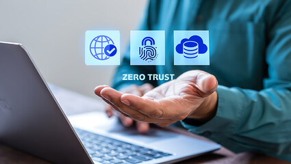 Person holding digital security icons and laptop hand