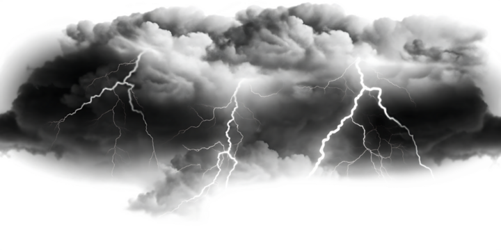 Storm clouds lightning strikes isolated on a transparent background.PNG - Powered by Adobe