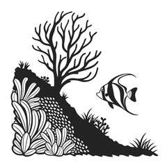 Black silhouette of an underwater corner with a coral reef and a tropical fish. Vector illustration icon.