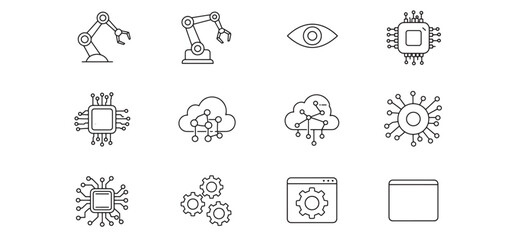 Set of line art icons representing artificial intelligence and modern technology concepts