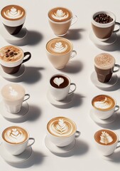 Obraz premium Assorted coffee drinks in cups, various latte art