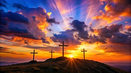 Three wooden crosses silhouetted against a dramatic sunset sky with vibrant rays of light isolated on transparent background silhouette
