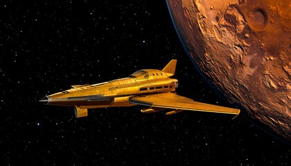 Golden spaceship in space near Mars