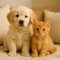 A heartwarming scene featuring a curious orange kitten and a fluffy cream-colored puppy sitting side by side on a soft bed with neutral-toned pillows. Their calm presence and attentive expressions evo