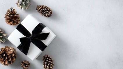 A white gift box with a black velvet ribbon, surrounded by pinecones, on a light gray background