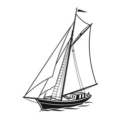 Black silhouette icon of a traditional two-masted sailing ship on the ocean waves. Classic marine vessel vector art.