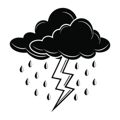 Silhouette of a black thundercloud with a powerful lightning bolt and falling rain. Weather storm icon illustration.