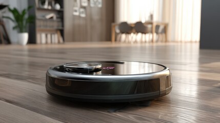 Obraz premium Smart Robotic Vacuum Cleaner on Hardwood Floor in Modern Home Interior A Close up View of a High Tech Cleaning Device