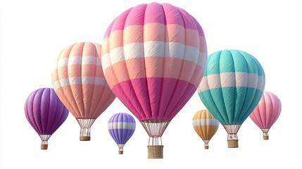 Naklejka premium Colorful hot air balloons floating against a clean white backdrop creates whimsy