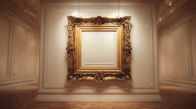 Gold ornate picture frame on cream colored museum wall. Elegant gallery interior