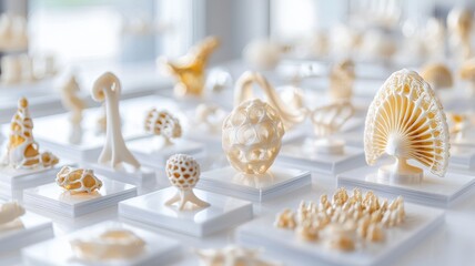 Fototapeta premium A collection of intricate, white sculptures displayed on clear stands, showcasing various organic shapes and designs.